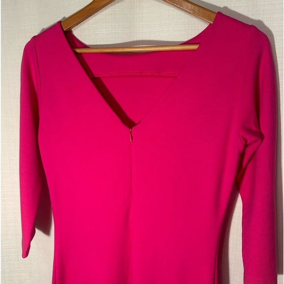 Amanda Uprichard Fuchsia Pink 3/4 Sleeve V-Back Stretch Fitted Dress Size Medium - Picture 6 of 12